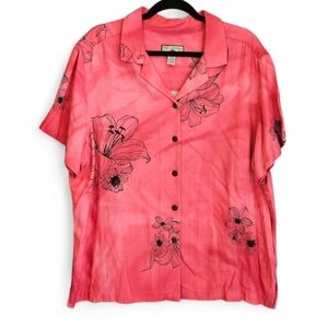 : Caribbean Joe Woman Coral Floral Rayon Button Down Shirt 2X